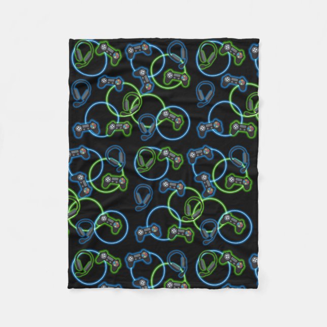 Video Game Neon Blue & Green Pattern  Fleece Blanket (Front)