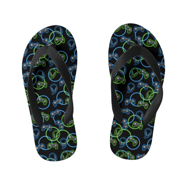 Video Game Neon Blue & Green Pattern  Kid's Jandals (Footbed)