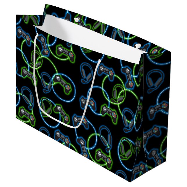 Video Game Neon Blue & Green Pattern  Large Gift Bag (Front Angled)