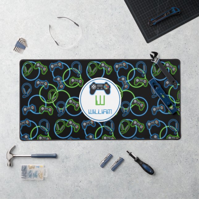 Video Game Neon Blue & Green Pattern Monogram Desk Mat (Workstation)