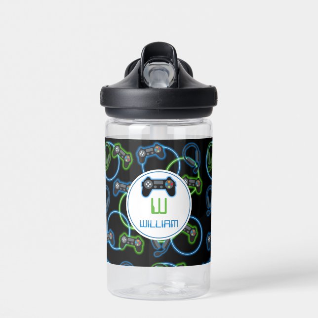 Video Game Neon Blue & Green Pattern Monogram Water Bottle (Front)