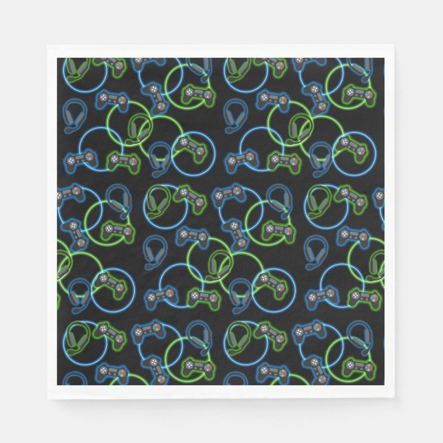 Video Game Neon Blue & Green Pattern  Napkin (Front)