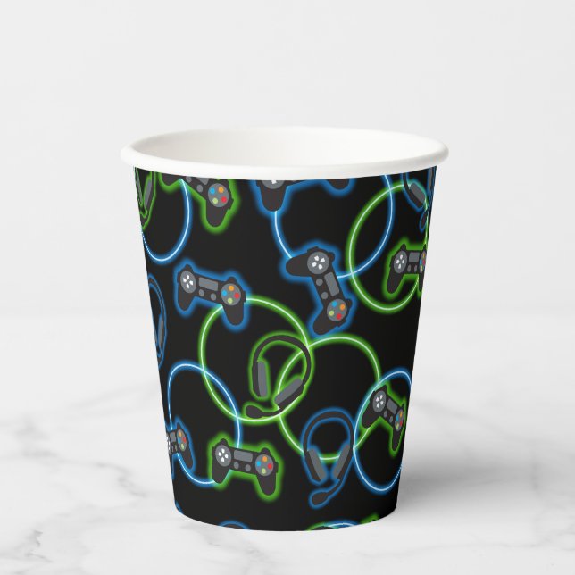 Video Game Neon Blue & Green Pattern  Paper Cups (Front)