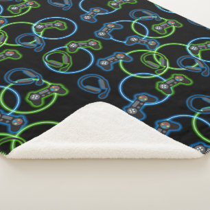 Video Game Neon Blue & Green Pattern  Sherpa Blanket