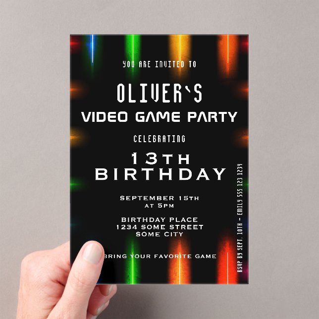 Video Game Neon Colour Gaming Birthday Acrylic Invitations (Insitu (Handheld))