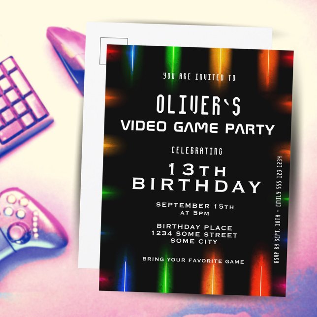 Video Game Neon Colour Gaming Birthday  Invitation Postcard (Creator Uploaded)