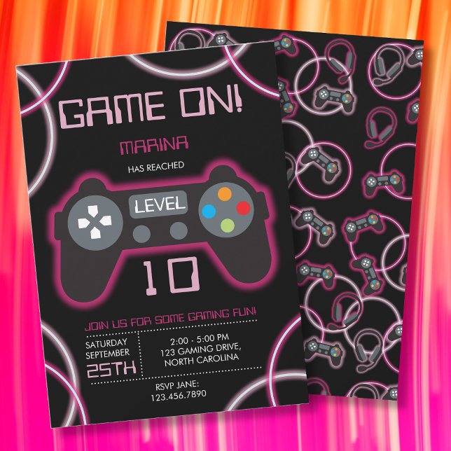 Video Game Neon Pink Girl Birthday Party Invitation (Video Game Neon Pink Girl Birthday Party Invitation)