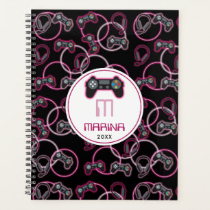 Video Game Neon Pink Girls Pattern Monogram Planner