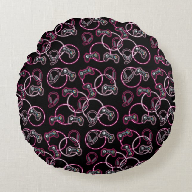 Video Game Neon Pink Girls Pattern  Round Cushion (Front)