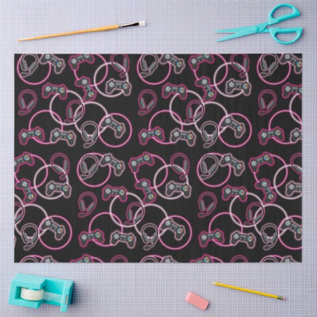 Video Game Neon Pink Girls Pattern  Tissue Paper (Craft)