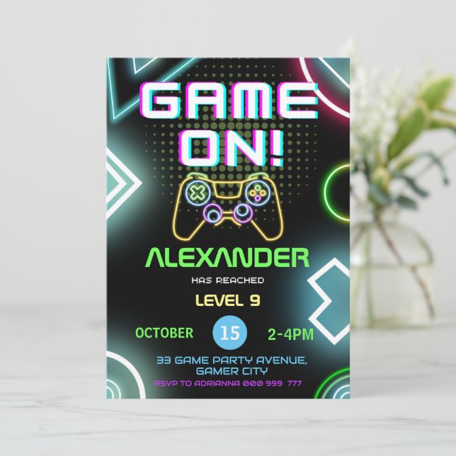 Video Game On Gamer Kids Boy Neon Birthday Party Invitation (Standing Front)