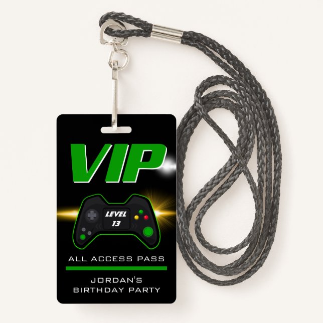 Video Game Party Green Controller Favour Badge ID Badge (Front with Lanyard)