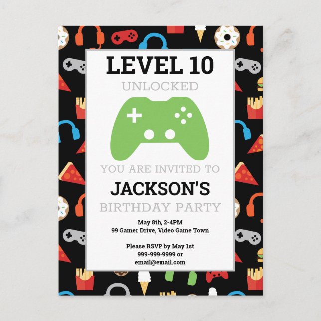 Video Game Party Level Up Kids Birthday Party Invitation Postcard (Front)