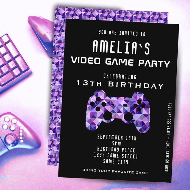 Video Game Party Purple Controller Gaming Birthday Invitation (Creator Uploaded)
