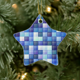 Video Game Pixels Blue Square Pattern Ceramic Tree Decoration