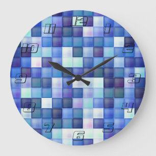 Video Game Pixels Blue Square Pattern Large Clock