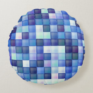 Video Game Pixels Blue Square Pattern Round Cushion