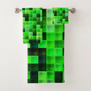 Video Game Pixels Green Square Pattern Bath Towel Set