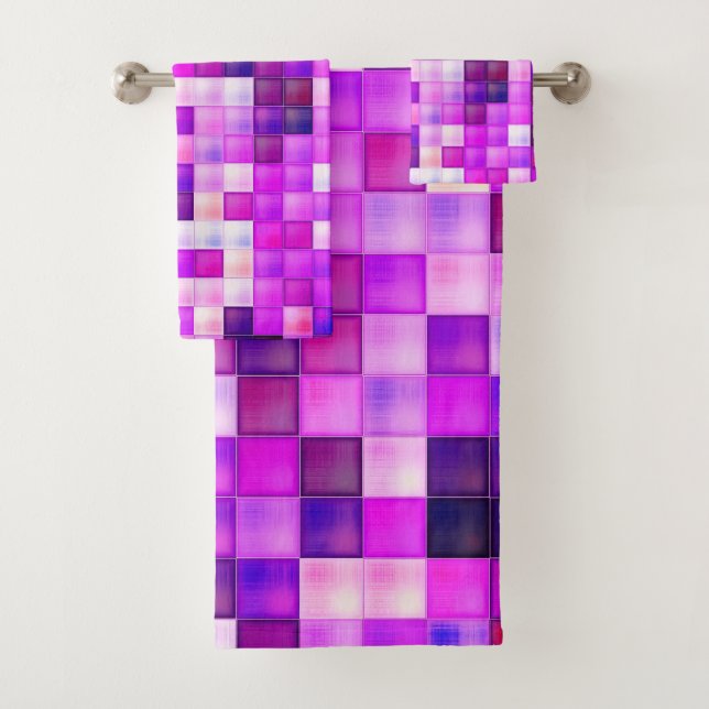 Video Game Pixels Pink Square Pattern Bath Towel Set (Insitu)