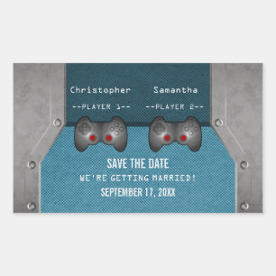 Video Game Save the Date Stickers, Blue Rectangular Sticker
