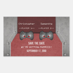 Video Game Save the Date Stickers, Maroon Rectangular Sticker