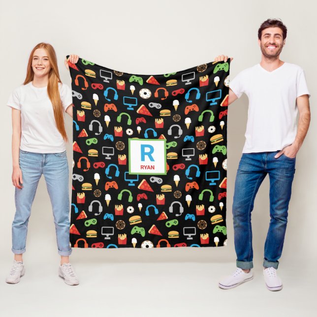 Video Game Snacks Party Kids Gamer Personalised Fleece Blanket (In Situ)