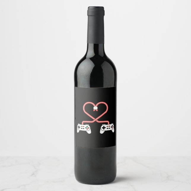 Video Gamer Valentines Day With Controllers Heart  Wine Label (Front)