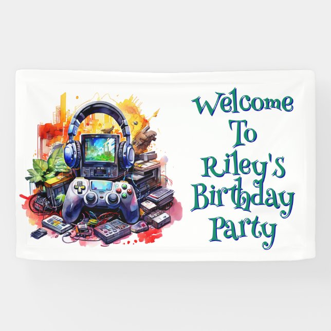 Video Games and Pizza Boy's Birthday Welcome Banner (Horizontal)