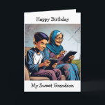 Video Gaming Themed Birthday for a Grandson Card<br><div class="desc">Cute sentimental happy birthday card from a grandma to a grandson. Comic book style art depicting a Grandma playing video games on the tablet with her grandson.</div>