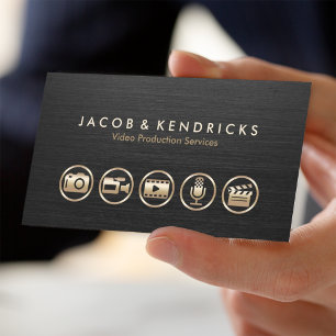 Video Production Services Gold Icons Black Metal Business Card