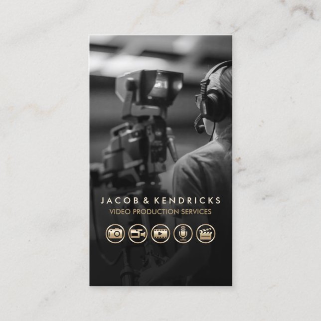 Video Production Services Gold Icons Blue Metal  Business Card (Front)