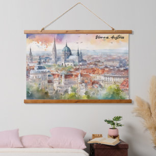 Vienna Austria Watercolor Painting Panorama View  Hanging Tapestry