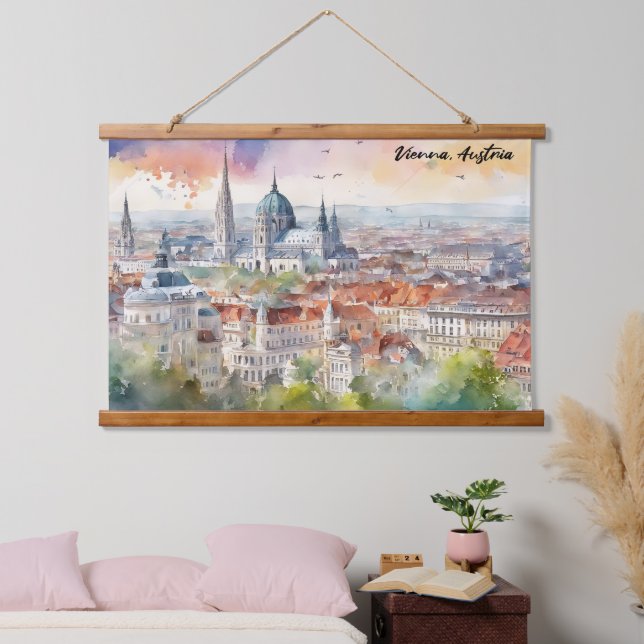 Vienna Austria Watercolor Painting Panorama View  Hanging Tapestry (Bedroom)