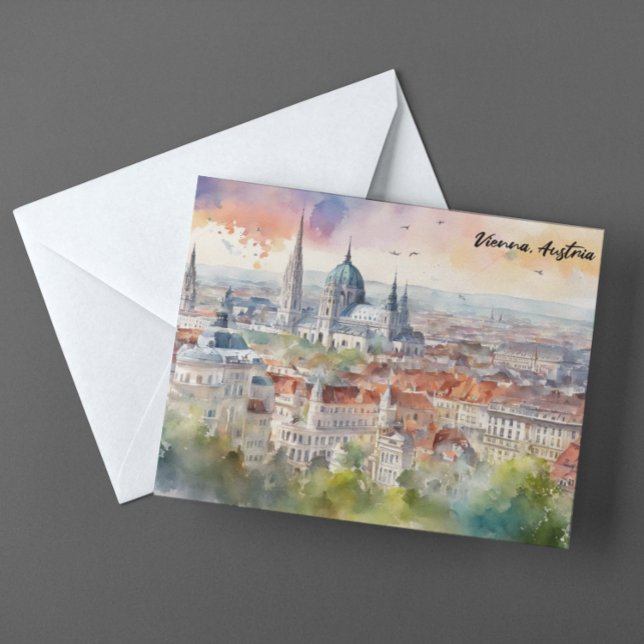 Vienna Austria Watercolor Painting Panorama View  Postcard (vienna austria panorama view postcard)