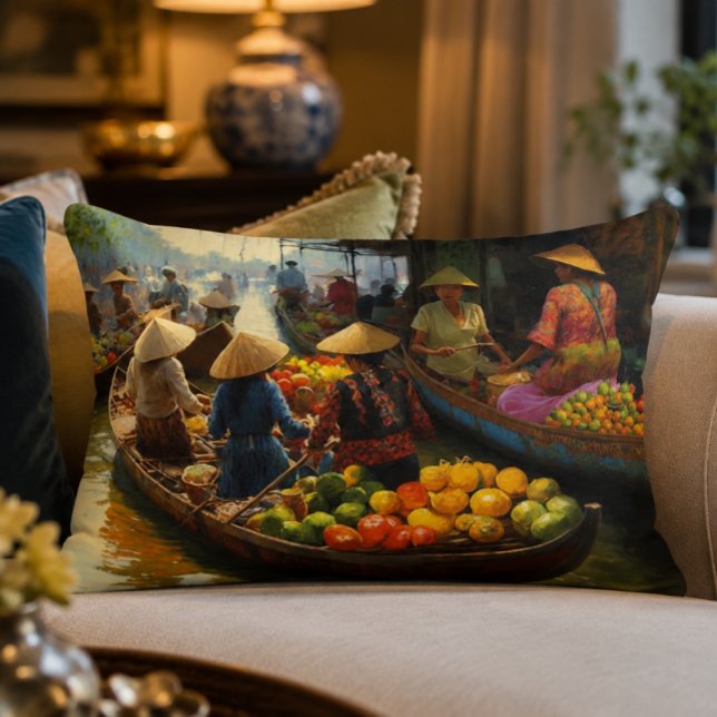 Vietnam Floating Market Accent Pillow (Vietnamese Floating Market Oil Painting | Affordable Wall Art | Tropical Boat Southeast Asia Art | D)