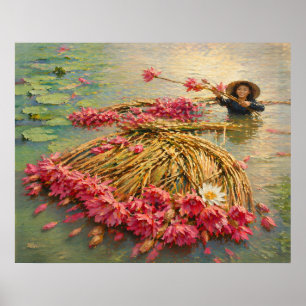 Vietnam Flood Season Painting, Water Lily Harvest Poster