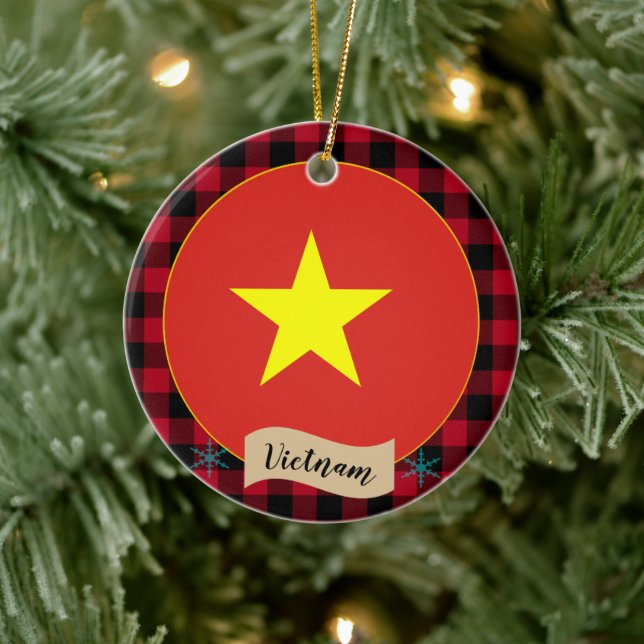 Vietnam, Red buffalo plaid & Vietnamese Flag Ceramic Tree Decoration (Tree)