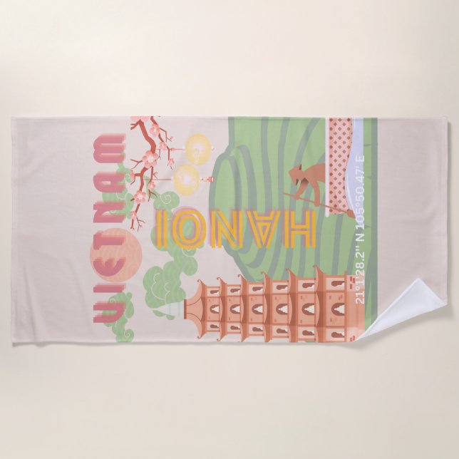 Vietnam Travel Art, Vintage Beach Towel (Front)