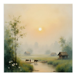 Vietnamese Morning Mist Village Watercolor Art Poster