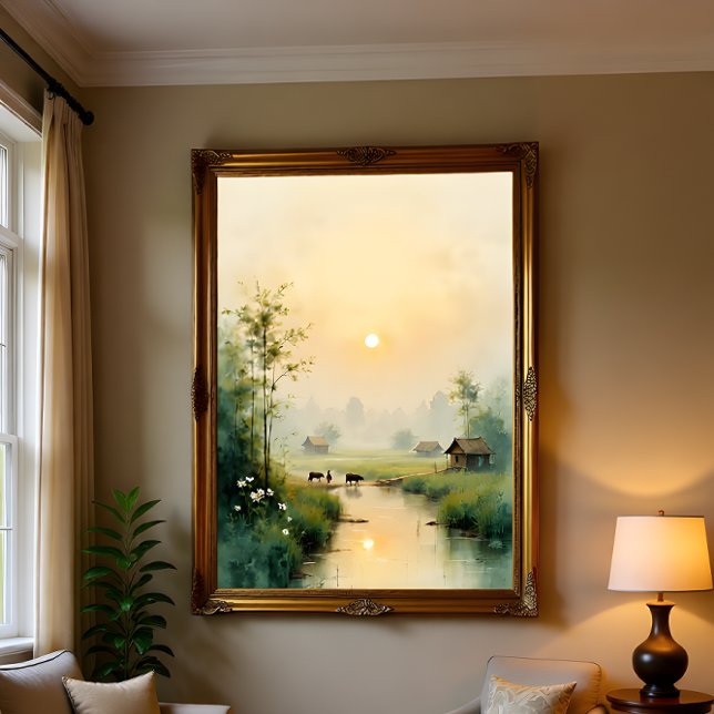 Vietnamese Morning Mist Village Watercolor Art Poster (Creator Uploaded)