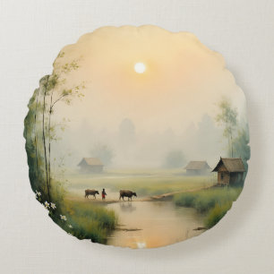 Vietnamese Morning Mist Village Watercolor Art Round Cushion