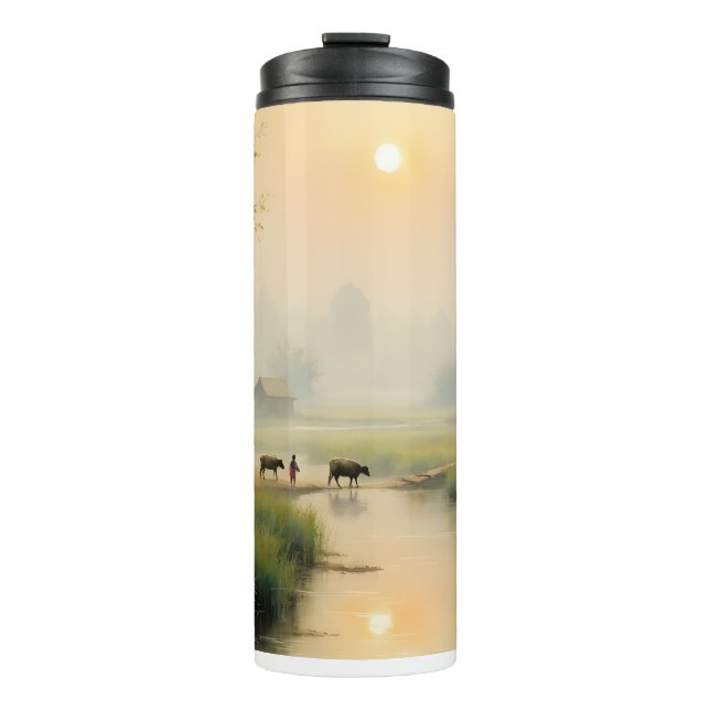 Vietnamese Morning Mist Village Watercolor Art Thermal Tumbler (Front)