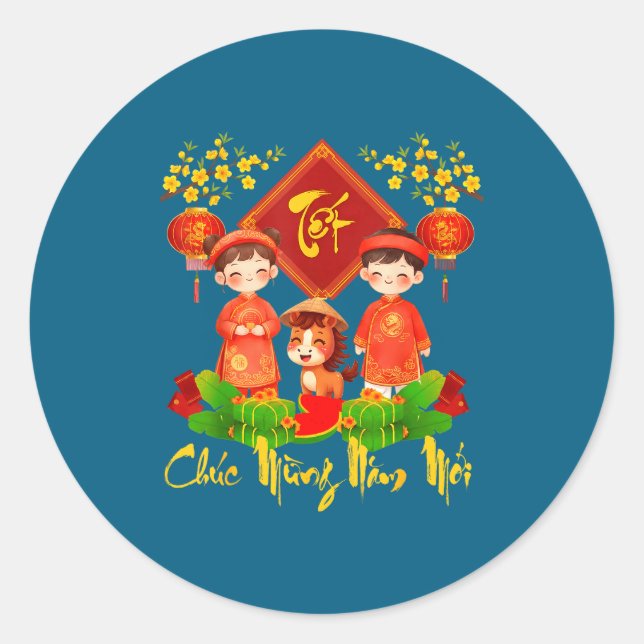 Vietnamese New Year Decorations 2026 Tet Chuc Mung Classic Round Sticker (Front)
