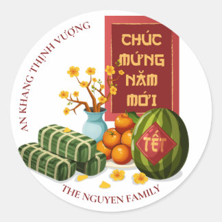 Vietnamese Tet Art with Symbolic Fruits & Flowers Classic Round Sticker