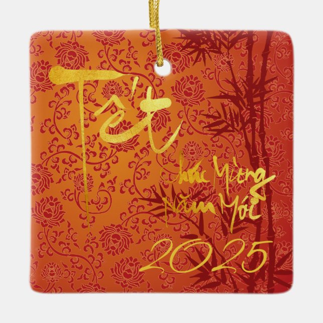 Vietnamese Têt custom Year gold decorated SqCO Ceramic Ornament (Front)