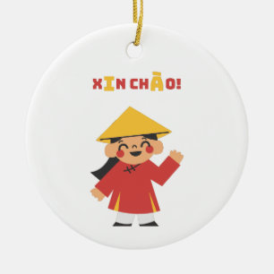 “Vietnamese ‘Xin Chào!’ Keychain – Cultural Gift Ceramic Tree Decoration