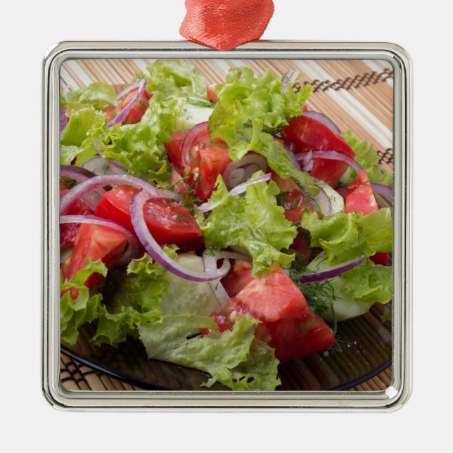 View angle on a fragment of vegetarian salad metal tree decoration (Front)