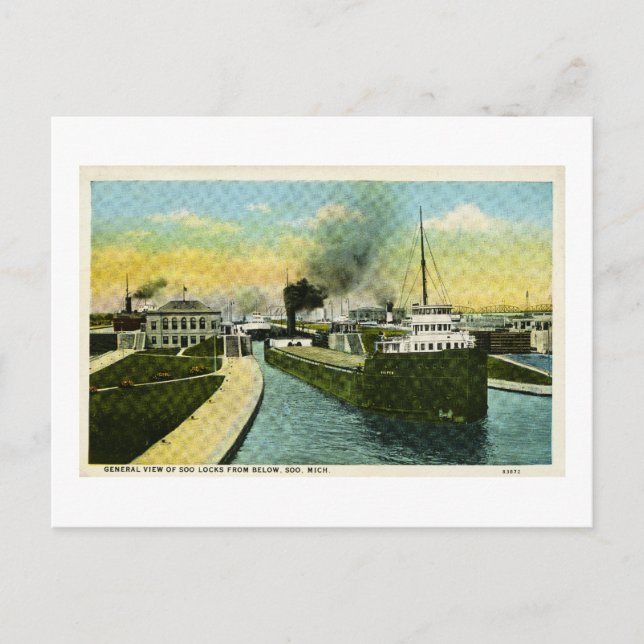 View Below the Soo, Soo Locks, Michigan Postcard (Front)