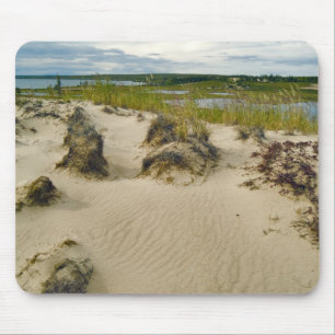 View from a sandy hilltop of lakes and hills on mouse pad
