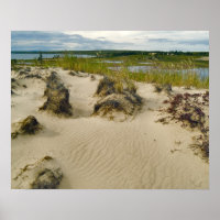 View from a sandy hilltop of lakes and hills on